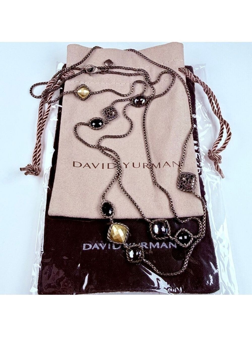 David Yurman 18K Gold Black Diamond Onyx Topaz Chatelaine Chiclet Necklace 43"